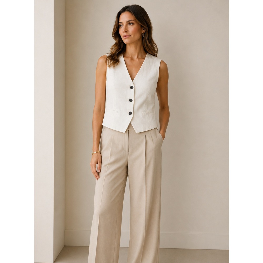 Ann‎ Taylor White Linen Blend Tailored Button Front Vest 14P 828783 SU24